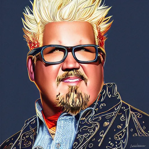 Image similar to head and shoulders portrait of Guy Fieri illustration, medium shot, intricate, elegant, highly detailed, digital art, ffffound, art by JC Leyendecker and sachin teng