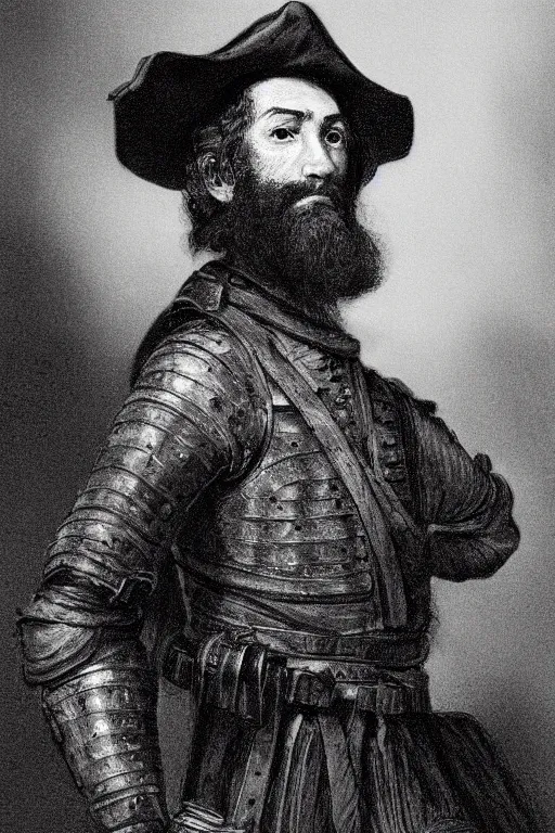 Prompt: portrait of a rugged young man, jewish soldier. thin black beard, worn leather armour. cinematic lighting, highly detailed, full body shot. slender. In the style of rembrandt.