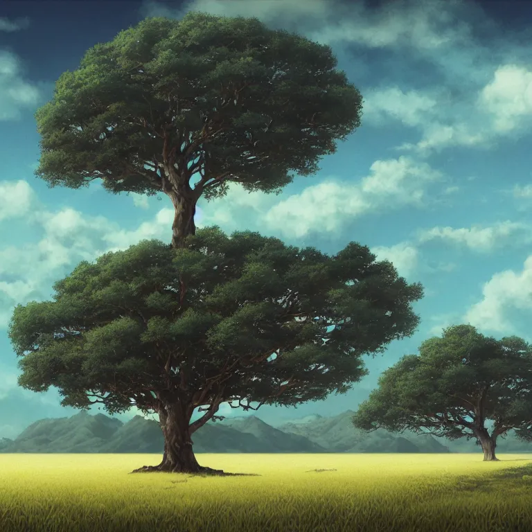 Image similar to a giant tree in a field with a sky background, a detailed matte painting by kaii higashiyama, cgsociety, sosaku - hanga, matte painting, anime, concept art