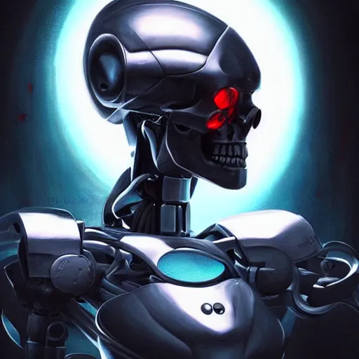 Image similar to skull - headed robot cyborg painting, illutstration, concept art, cyberpunk, futurism, comics art, artgerm, full body shot, wide angle