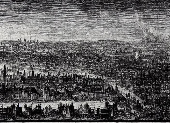 Prompt: detail from Hollar’s Panoramic view of the Great Fire of London, 1647