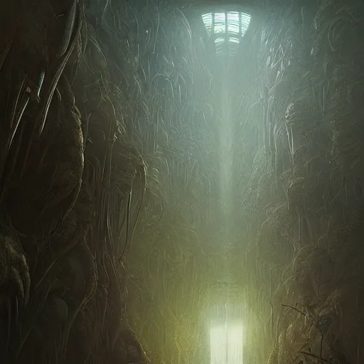 Image similar to epic alien jungle by zdzisław beksinski, greg rutkowski inside a giant futuristic space by zaha hadid, inspired by the movie matrix