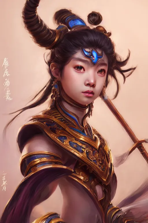 Image similar to a masterpiece portrait of nezha, handsome kid wear holding spear, fantasy character portrait, hyper detailed, digital painting, 8 k realistic, trending on artstation, sharp focus, dof, by ne zha ( 2 0 1 9 ), fenghua zhong, artgerm, ne zha from smite, tsuyoshi nagano, top lighting