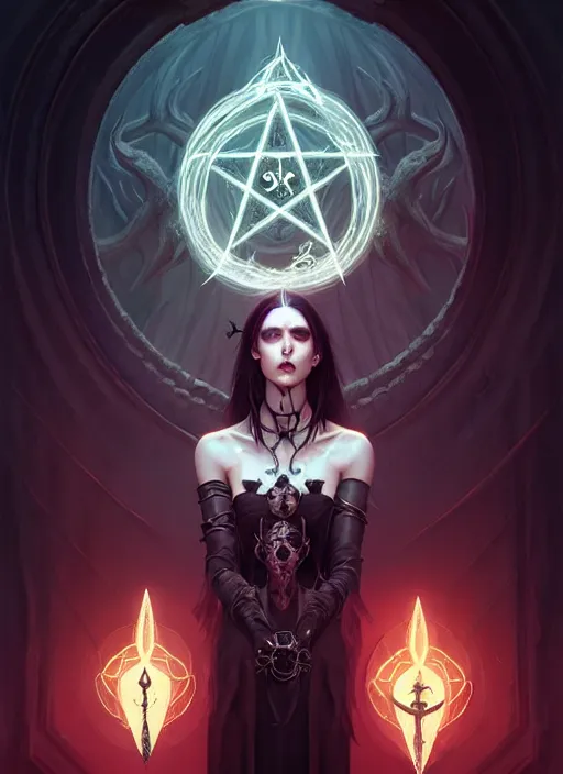 Image similar to Necromancer Sorceress goddess of death, fantasy pentagram magic, undercut hairstyle, dark light night, intricate, elegant, sharp focus, illustration, highly detailed, digital painting, concept art, matte, art by WLOP and Artgerm and Greg Rutkowski and Alphonse Mucha, masterpiece