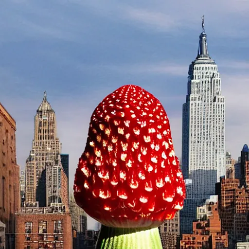 Image similar to a giant amanita muscaria in the mew York skyline, photorealistic