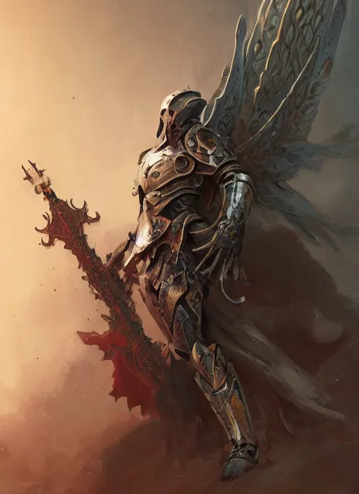 Image similar to an aasimar paladin ho is actually a fallen aasimar revealing his true nature, dim light, front game card, marvel comics, dark, intricate, highly detailed, smooth, artstation, digital illustration by ruan jia and mandy jurgens and artgerm and wayne barlowe and greg rutkowski and zdislav beksinski