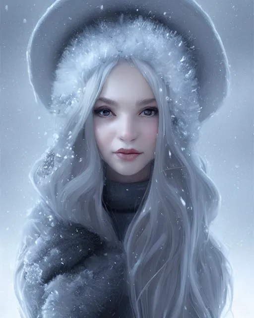 Image similar to portrait of a beautiful snow sorceress, flowy white grey hair, grey eyes, winter, frozen, snow, cinematic lighting, highly detailed, digital painting, trending on artstation, pixiv, concept art, sharp focus, illustration, art by ross tran and wlop
