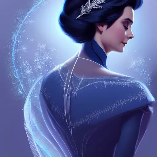 Image similar to Grace Kelly with Dark Blue Hair as Elsa from Frozen, western, D&D, fantasy, intricate, elegant, highly detailed, digital painting, artstation, concept art, matte, sharp focus, illustration, art by Artgerm and Greg Rutkowski and Alphonse Mucha