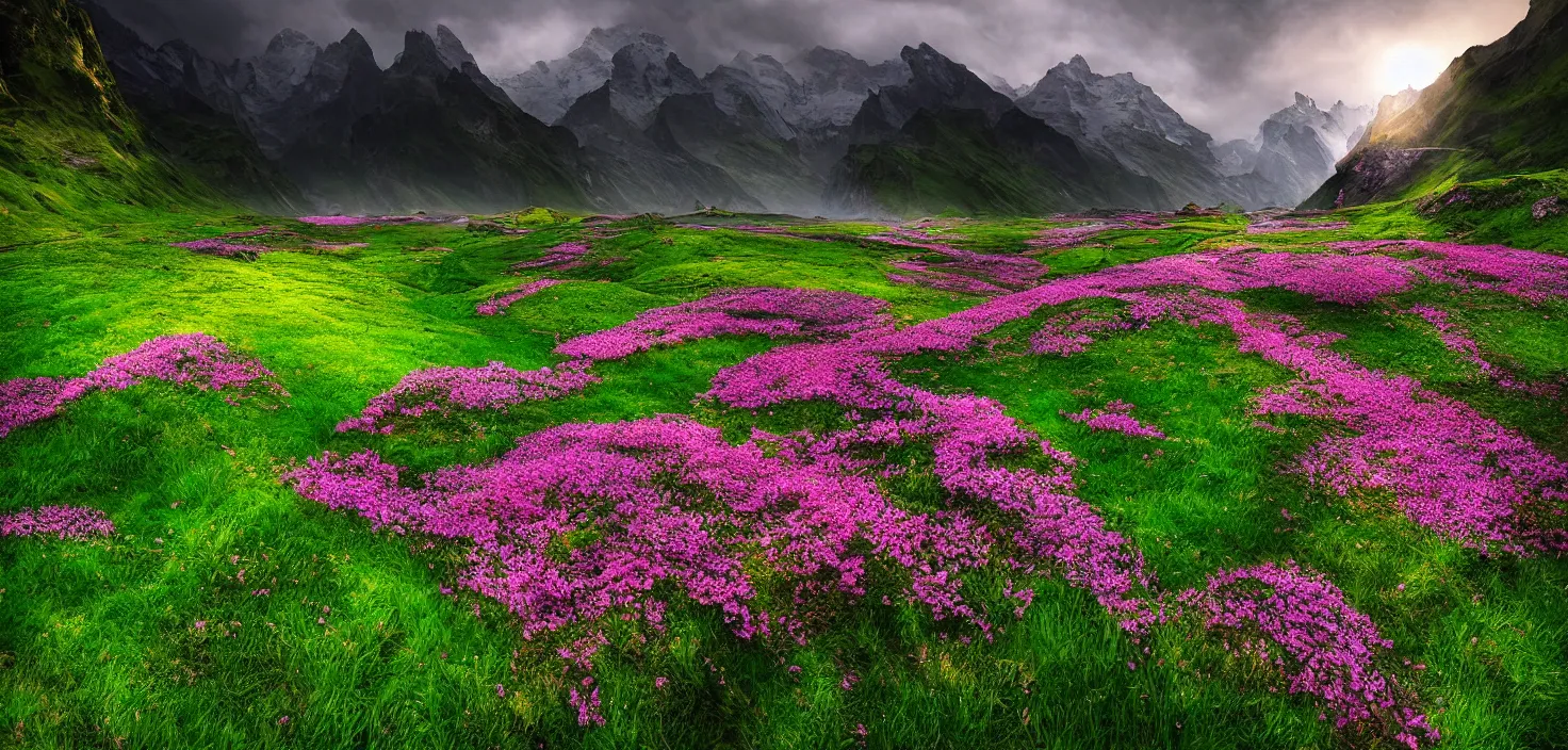 Image similar to amazing landscape photo of switzerland green spring with flowers by marc adamus, beautiful dramatic lighting