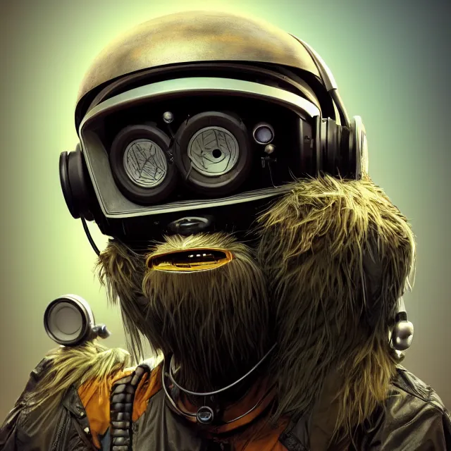 Image similar to a portrait of an anthropomorphic cyberpunk yeti in a motorcycle helmet, detailed render, tape deck, boombox, headphones, epic composition, cybernetics, 4 k realistic, cryengine, realistic shaded lighting, sharp focus, masterpiece, by matteo scalera, gary montalbano, peter elson in the style of the tokyo ghost comic