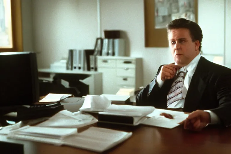 Image similar to cinematic still of portly clean-shaven white man wearing suit and necktie at his desk in his office in 1994 film, XF IQ4, f/1.4, ISO 200, 1/160s, 8K, RAW, dramatic lighting, symmetrical balance, in-frame