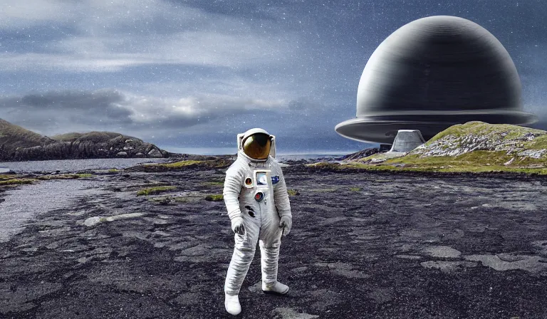 Image similar to Detailed digital painting of an astronaut tourist from the future standing in the Isle of Harris Scotland, a futuristic spaceship in the background, very wide angle lens