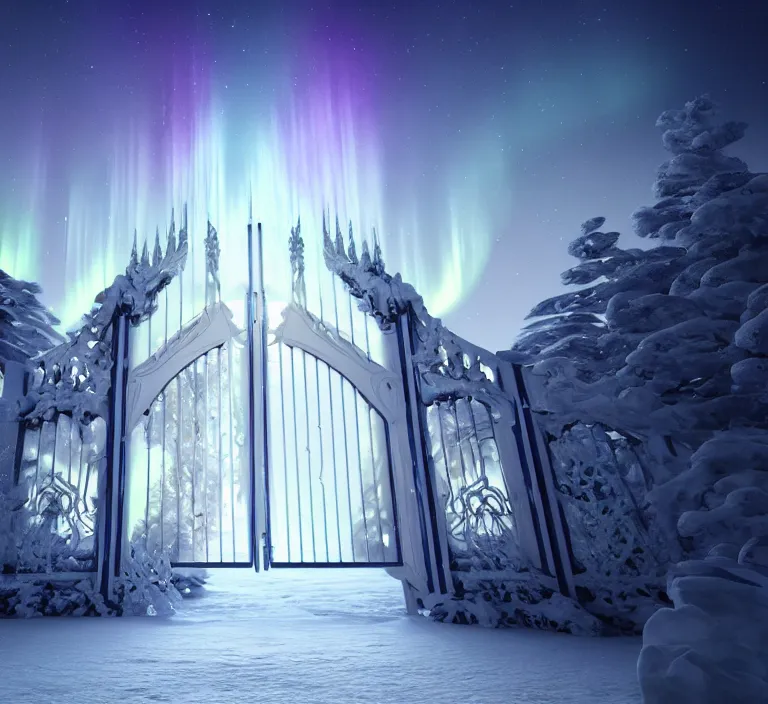 Image similar to a very detailed concept art of intricate and scandinavian white gates to aurora borealis infused with lights, trending on artstation, symmetry, digital art, 4 k, hyper realistic, octane render, sharp focus