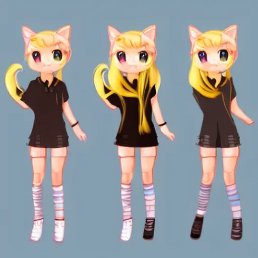 Image similar to full body character concept art of a little cat girl with yellow hair and blue eyes in chibi style