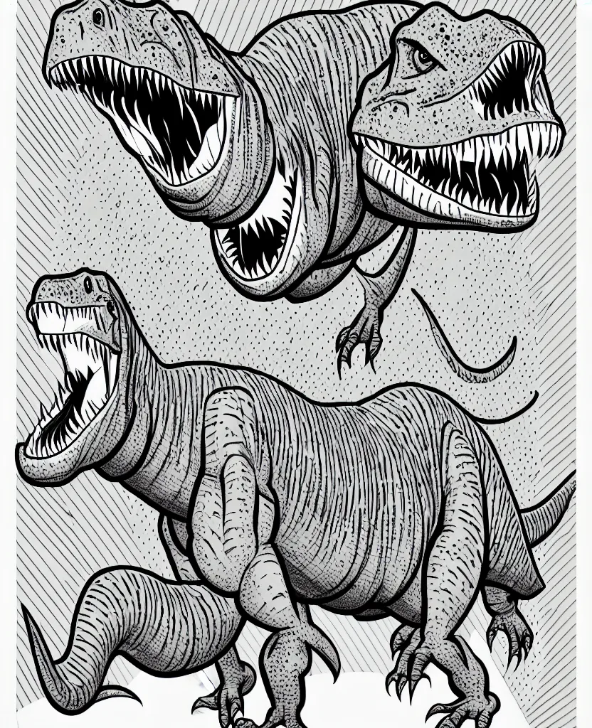 Prompt: one trex dinosaur, symmetrical, accurate, simple clean lines, black and white, coloring book, comic book, graphic art, line art, vector art, by martina matteucci, pavel shvedov, peter lundqvist, diane ramic, christina kritkou, artstation