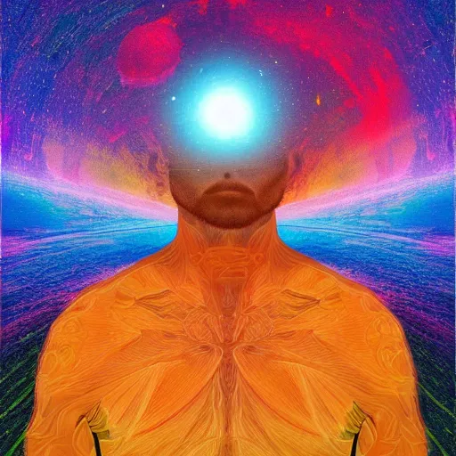 Prompt: far away shot of a man's soul becoming one with the cosmos by pablo amaringo, space, vibrant, colorful, digital art, peaceful, dmt, psychedelic,