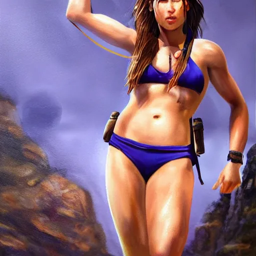 Prompt: lara croft in a bikini eating blueberries, photorealistic painting