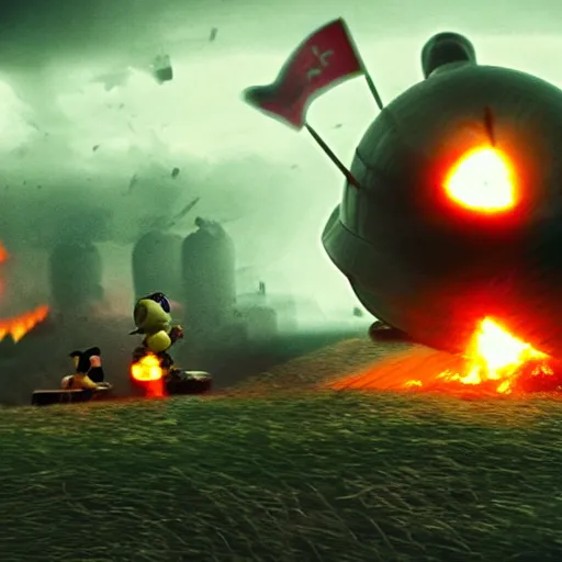 Image similar to detailed bob - omb battlefield battle war of the koopa clan, intricate, hyper detailed, realistic, cinematic lighting, dark, gritty, movie still, award winning cinema, breathtaking, foggy, smoky death, flags, sharp