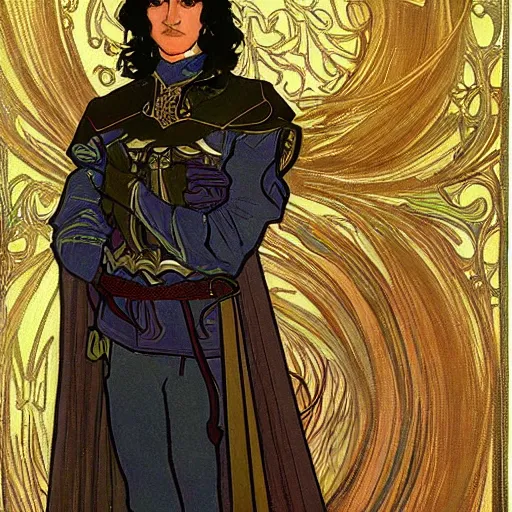 Image similar to painting of young handsome beautiful paladin elf! man with long wavy dark hair in his 2 0 s named shadow taehyung at the blueberry party, wearing armor!, elegant, clear, painting, stylized, delicate, soft facial features, art, art by alphonse mucha, vincent van gogh, egon schiele,