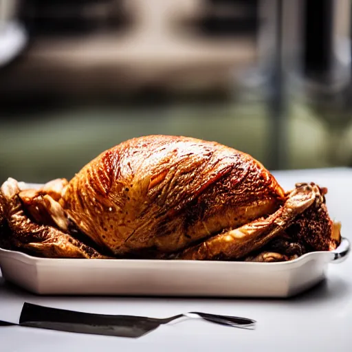 Prompt: a photograph of an ice cream cone growing out of a roast turkey like a mushroom. Shallow depth-of-field