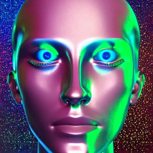 Image similar to 3d render of holographic human robotic head made of glossy iridescent, surrealistic 3d illustration of a human face non-binary, non binary model, 3d model human, cryengine, made of holographic texture, holographic material, holographic rainbow, concept of cyborg and artificial intelligence