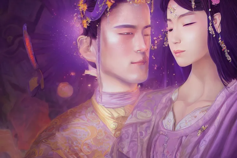 Image similar to a cinematic portrait of wedding photograph jpeg close up moment of a divine a japan sun god and moon goddess lovers magician at a wedding banquet. portraiture. digital painting. artstation. concept art. fantasy wedding photo. digital painting, 8 k realistic, hyper detailed, violet evergarden art masterpiece by art by krenz cushart