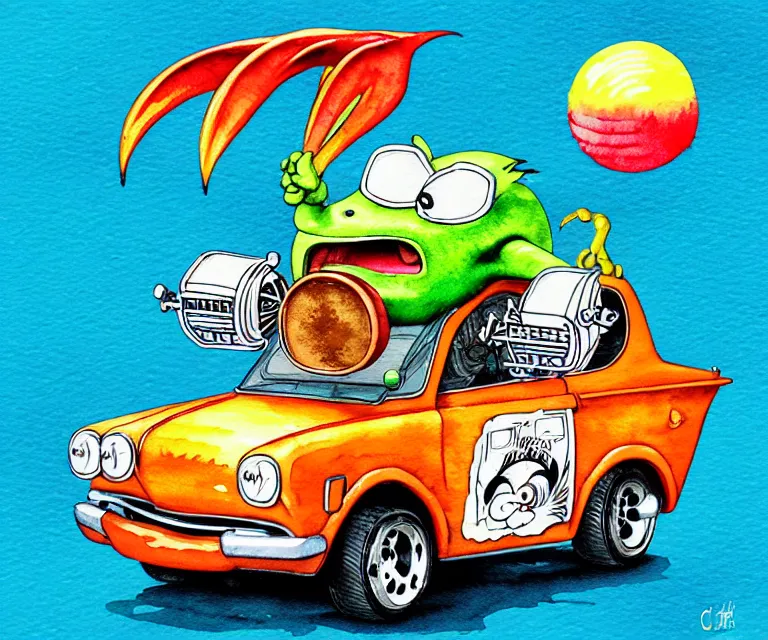 Image similar to cute and funny, chicken driving a tiny black hot rod with an oversized engine, ratfink style by ed roth, centered award winning watercolor pen illustration, isometric illustration by chihiro iwasaki, edited by craola, tiny details by artgerm and watercolor girl, symmetrically isometrically centered