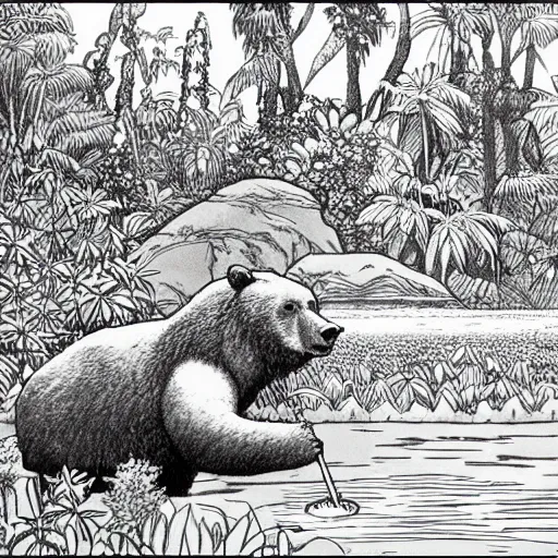 Image similar to a bear sitting in a pond in a lush jungle together with a guitarist, drawing by moebius