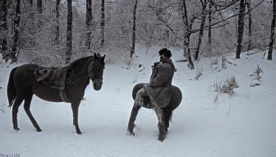 Image similar to 1 9 6 0 s movie still close up of marcus aurelius + horse both frozen to death under the snow by the side of a river with gravel, pine forests, cinestill 8 0 0 t 3 5 mm b & w, high quality, heavy grain, high detail, texture, dramatic light, anamorphic, hyperrealistic, detailed hair, foggy