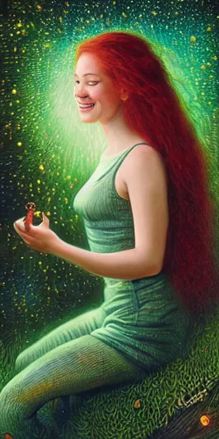 Image similar to infp young woman, smiling amazed, golden fireflies lights, sitting in the midst of nature fully covered, long loose red hair, intricate linework, bright accurate green eyes, small nose with freckles, oval shape face, realistic, expressive emotions, dramatic lights spiritual scene, hyper realistic ultrafine art by michael cheval, jessica rossier, boris vallejo