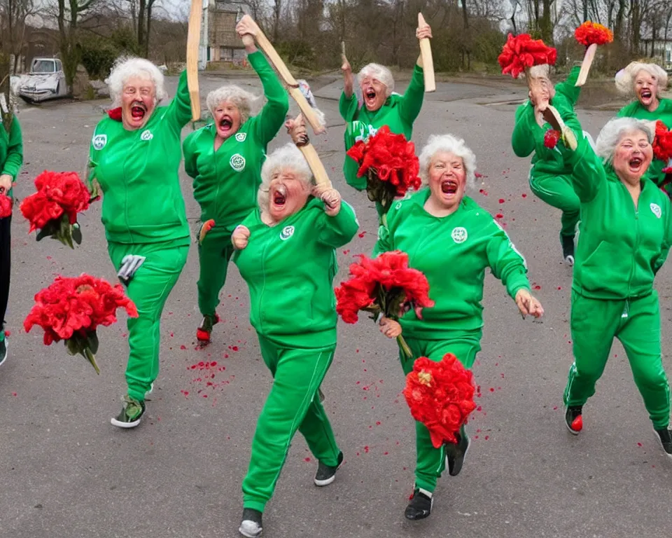 Prompt: a gang of old ladies waving large knives covered in blood, and carrying flowers, and wearing green Umbro track suits laughing maniacally and screaming