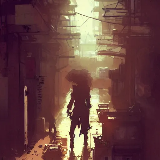 Image similar to a dirty alleyway at sunset, dramatic lighting, illustration by Greg rutkowski, yoji shinkawa, 4k, golden hour, digital art, concept art, trending on artstation