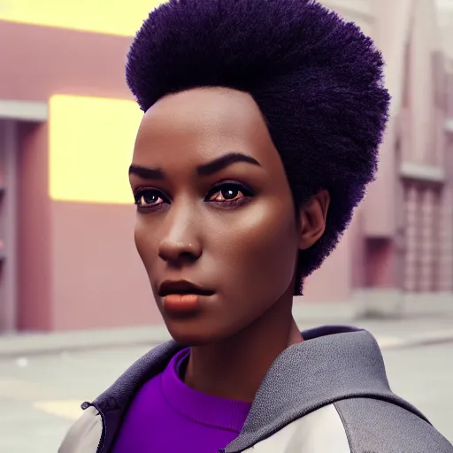 Prompt: black woman, hairstyle = short bob!!!, hair colour = light grey!!!, eyes = purple, wearing dark green bomber jacket, realistic 4 k octane beautifully detailed render, 4 k post - processing, highly detailed, intricate complexity, epic composition, magical atmosphere, cinematic lighting, masterpiece, ultra hd