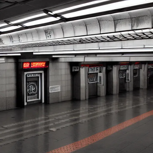 Prompt: a cyberpunk empty metro station with gak written on the wall, highly detailed, blade runner