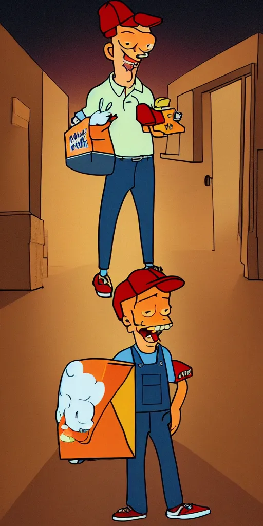 Prompt: a pizza delivery boy resembling Philip J. Fry standing in the doorway holding a pizza box, eerie lighting coming from behind, late at night, fireflies