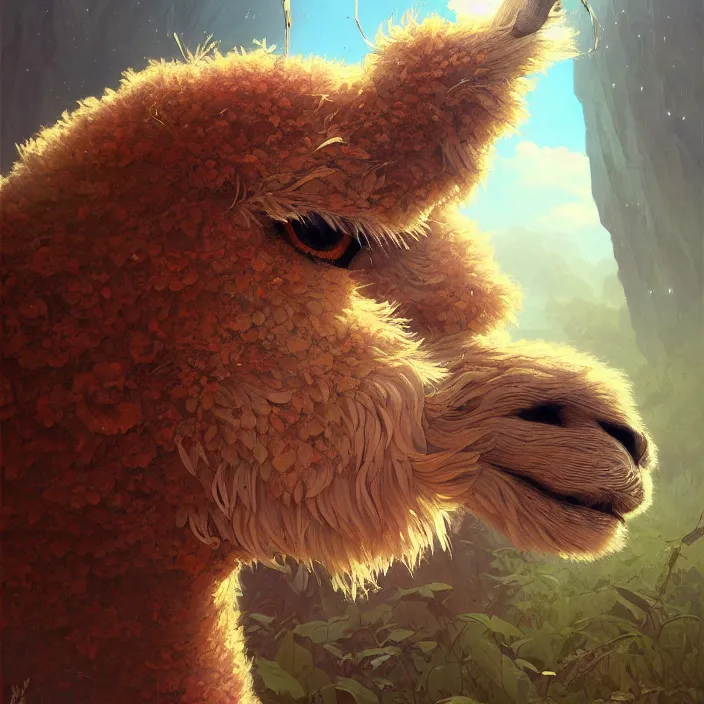 Image similar to highly detailed portrait of a cute alpaca, unreal engine, fantasy art by greg rutkowski, loish, rhads, ferdinand knab, makoto shinkai and lois van baarle, ilya kuvshinov, rossdraws, tom bagshaw, alphonse mucha, global illumination, radiant light, detailed and intricate environment