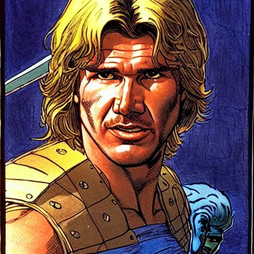 Image similar to a realistic, very beautiful and atmospheric portrait of young harrison ford as he - man character warrior wizard, prince of the universe, looking at the camera with an intelligent gaze by rebecca guay, michael kaluta, charles vess and jean moebius giraud