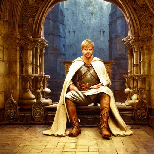 Prompt: attractive bradley james as king arthur pendragon, sat in his throne, big arches in the back, natural lighting, path traced, highly detailed, high quality, digital painting, by gaston bussiere, craig mullins, j. c. leyendecker