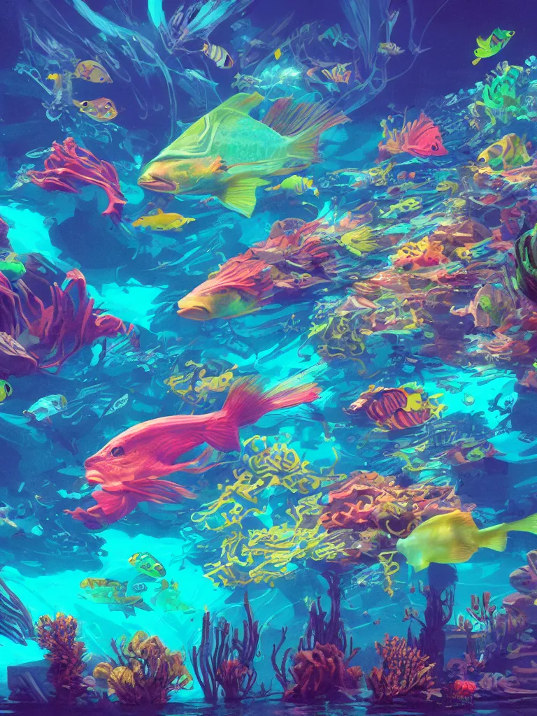 Prompt: neon fish under water by disney concept artists, blunt borders, rule of thirds