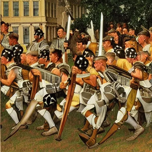 Image similar to an army of roman soldiers raids the White House, painting, stylized, by Norman Rockwell