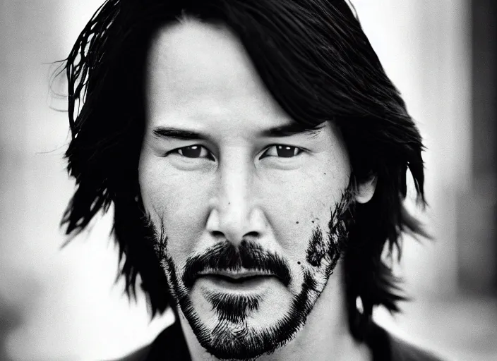 Image similar to close up portrait photograph of Keanu Reeves!!! Smoking a cigarette, symmetric face!!! ((Symmetric round eyes!!! )) . Wavy long hair. He looks directly at the camera. Slightly open mouth, face takes up half of the photo. an ocean visible in the background. 55mm nikon. Intricate.