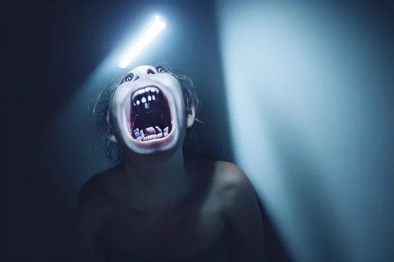 Image similar to A vile creature in the dark is illuminated by a flashlight, scary scene, top horrible creatures, horrible, horrors filmed on camera, fangs and drool, jaw and tongue, man is terrified, fear, darkness, basement, 8k, hyper-realistic, ray tracing, night, flashlight