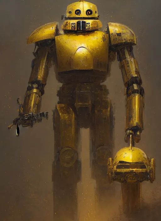 Image similar to human-sized strong intricate yellow pit droid carrying very detailed perfect antique great sword and beautiful large paladin shield, pancake short large head, exposed metal bones, painterly humanoid mecha, slightly far away, by Greg Rutkowski