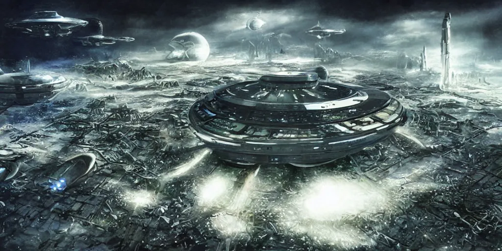 Image similar to future forest city attacked by spaceship, star trek, concept art, ice mist, glory war,