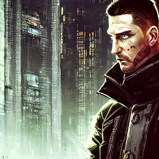 Image similar to cyberpunk, armitage, closeup portrait of a crazy ex soldier with a battlescar, light blue eyes, brown buzzcut, dramatic light, city background, sunset, dystopian setting, high contrast, sharp, neuromancer, painted by stanley lau, painted by greg rutkowski, painted by stanley artgerm, digital art, trending on artstation