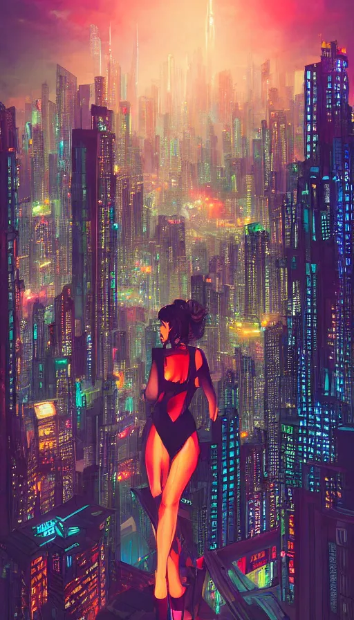 Image similar to night portrait of cyberpunk show girl on a roof, looking up at cityscape of vertical cyberpunk city with high towers, shanghai, Alena Aenami and artgerm