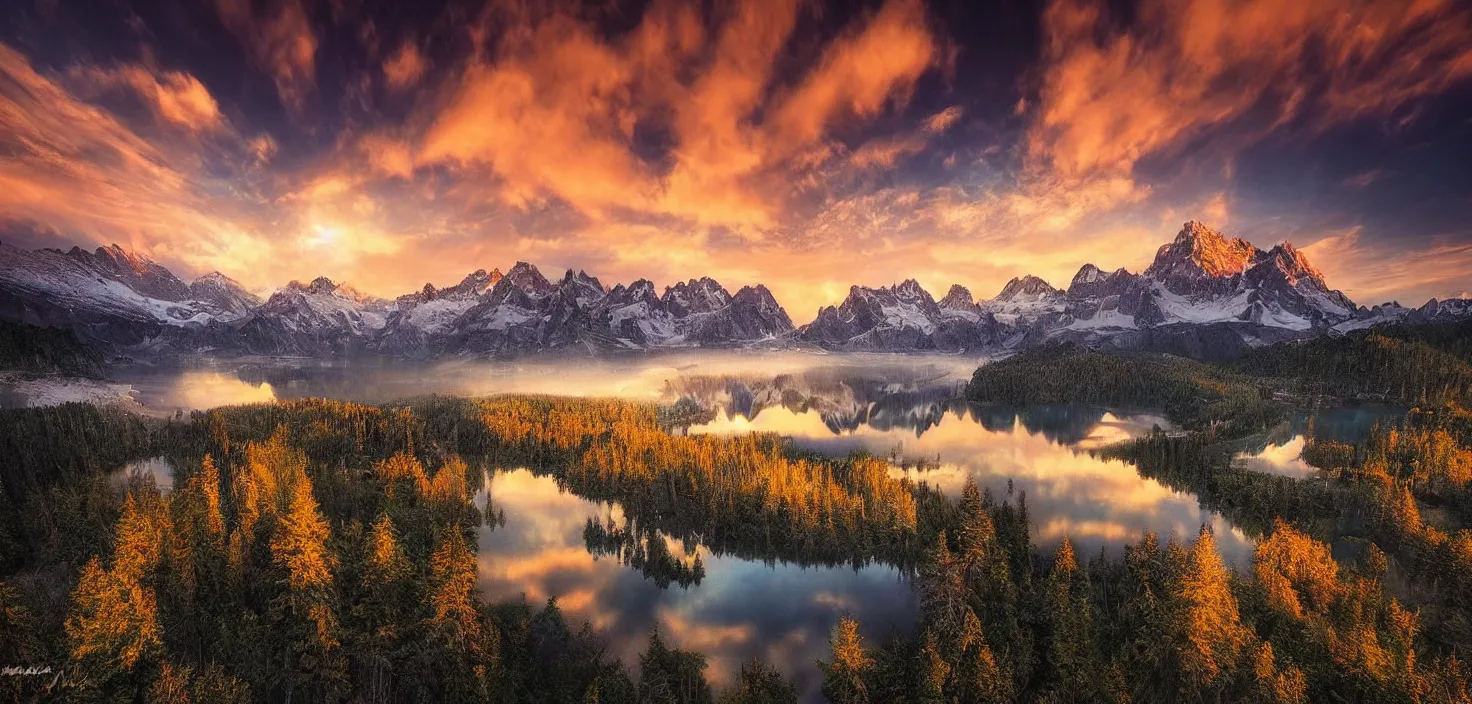 Image similar to amazing landscape photo of mountains with lake in sunset by marc adamus, beautiful dramatic lighting