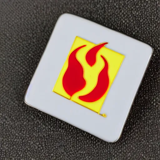 Image similar to a square enamel pin depicting a minimalistic clean illustration fire flames warning label, smooth curves