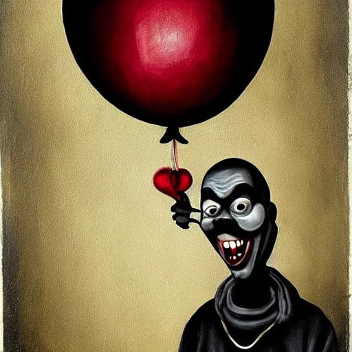 Prompt: grunge painting of kanye with a wide smile and a red balloon by chris leib, loony toons style, pennywise style, corpse bride style, horror theme, detailed, elegant, intricate