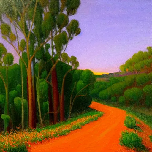 Image similar to a painting of a dirt road surrounded by eucalyptus trees and california golden poppies, violet woodland hill in the distance, violet sunset. an oil painting by magali villenueve, green orange violet triadic color palette, featured on deviantart, australian tonalism, pre - raphaelite, impressionism, detailed painting